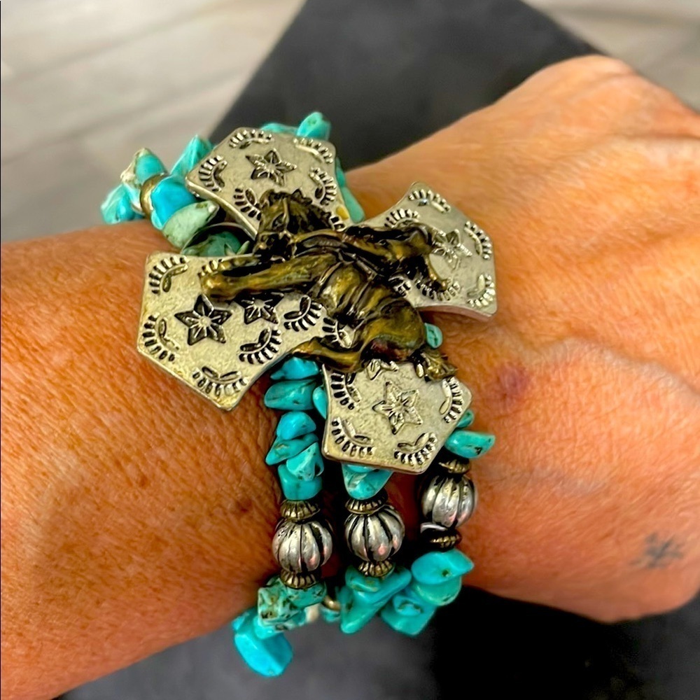 Vintage 3strand Turquoise and Silver Cross Bracelet